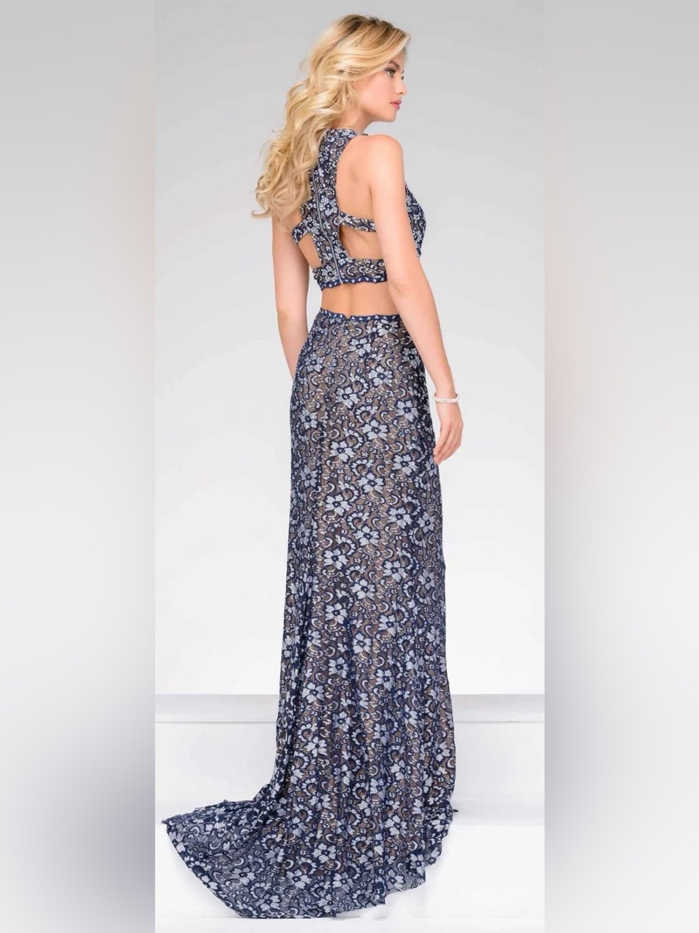 Jovani Navy Floral Lace Two-Piece Skirt Set